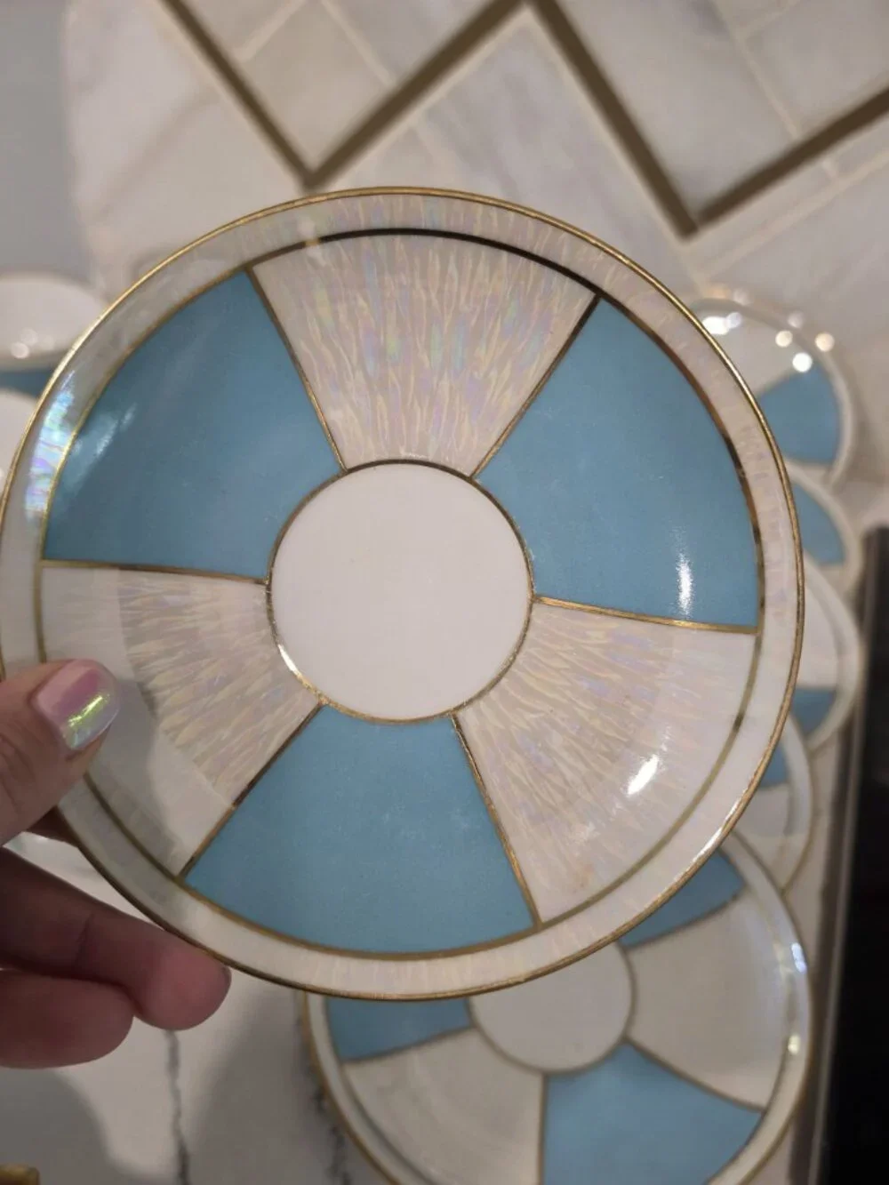 Noritake Tea Set 15-Piece Blue White Pearlescent w/ gold Porcelain Made In Japan